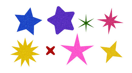 Obraz premium Various glitter star shapes vector collection, space figure shiny shimmer texture, starburst, kids sparkling decoration