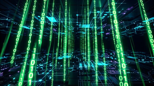Futuristic digital tunnel with green binary code streams