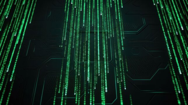 Green matrix code waterfall background, modern technology texture pattern for design backdrop, futuristic wallpaper surface, sharp