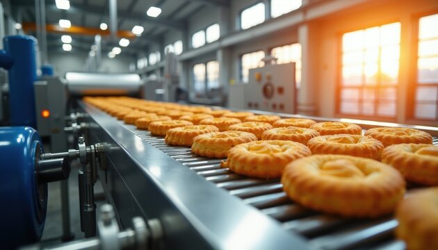 Industrial conveyor belt moves fresh baked biscuits on a modern food production line. Automated machinery in a clean facility prepares sweet treats for packaging and distribution.