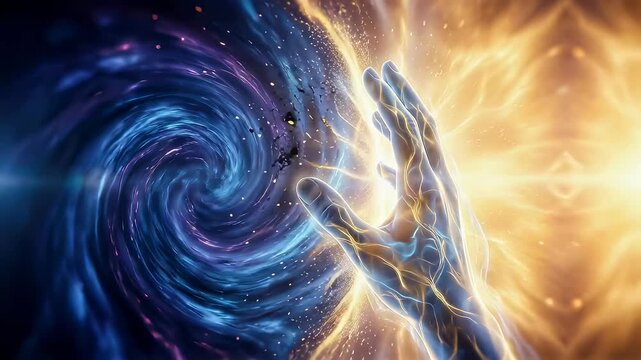 Divine hand shapes the cosmos. God creating universe from stardust and energy. Biblically inspired cosmic genesis visualizes the origin of existence and space.