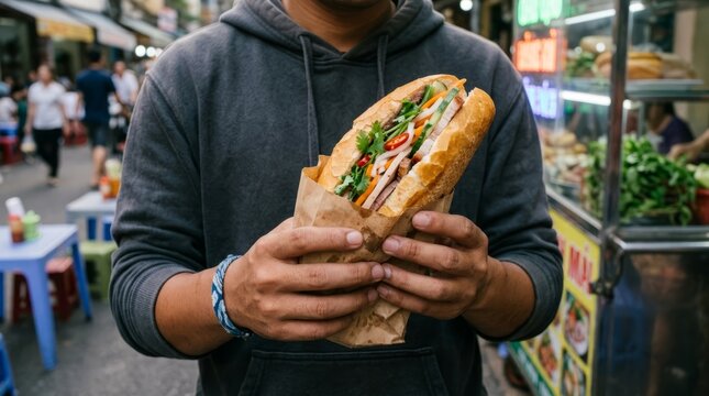 Person holding a large footlong sub sandwich with fresh vegetables outdoors.