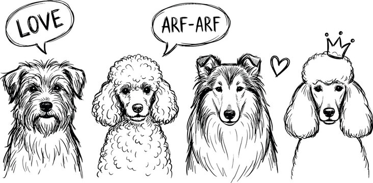 Set of hand drawn dogs with speech bubbles and hearts isolated on white background transparent background