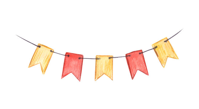 Watercolor bunting garland, red and yellow flags on string. Hand-painted festive pennant banner, party decoration, isolated on white. Celebration clipart.
