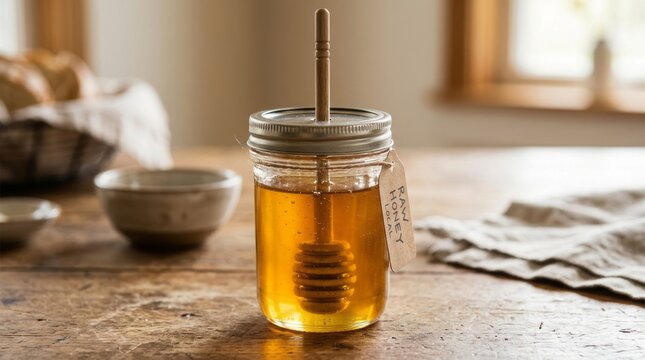 Small jar of homemade infused olive oil with fresh herbs on wooden table.