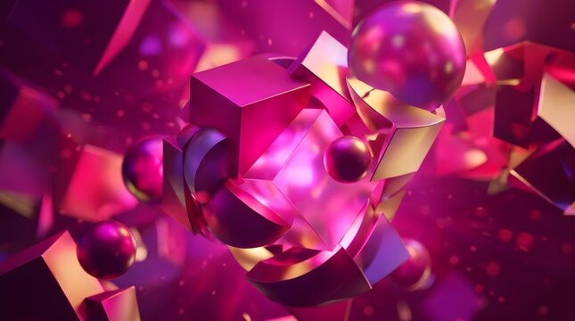 Vibrant 3d rendering of pink and gold geometric shapes