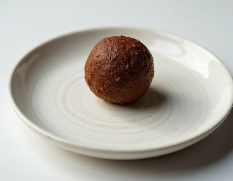 A single, cooked finger millet ball, also known as ragi mudde, rests on a simple white ceramic plate. This nutritious grain ball is a staple food. It is served in a clean, minimalist setting.