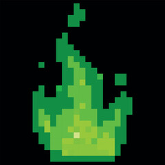 Fototapeta premium Green gas or fire flame pixel art vector icon, cartoon 8 bit video game painted burn bonfire ignition effect with sparks