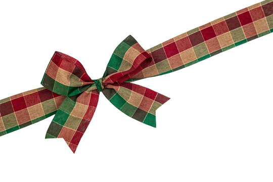 Diagonal Christmas Plaid Ribbon Bow Isolated on Transparent Background