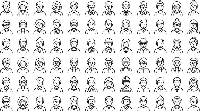 Diverse people avatar vector line icon set featuring multicultural user profiles business professionals and construction workers