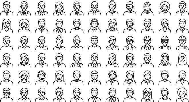 Diverse people avatar vector line icon set featuring professional user profiles medical workers and customer support agents