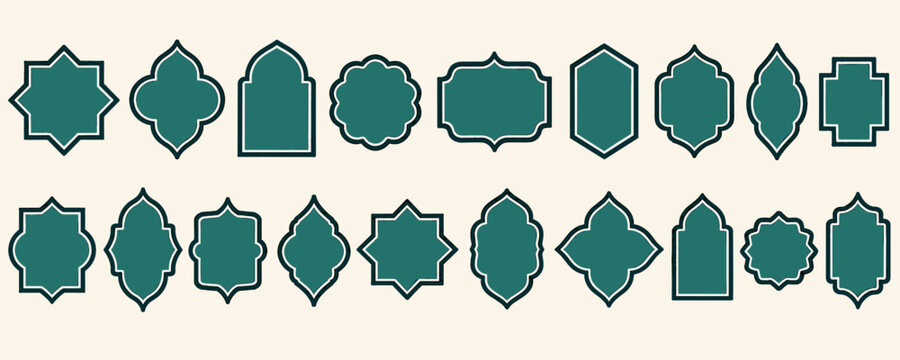 Collection of decorative Islamic geometric frames and borders in teal color