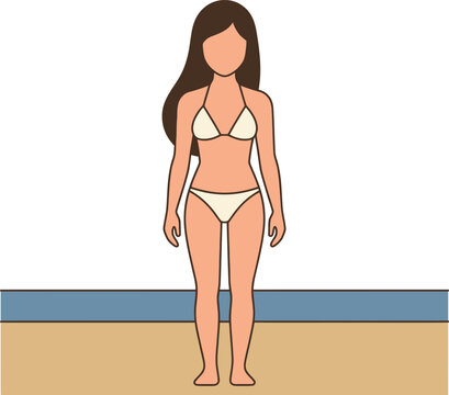 Faceless Young Woman in White Bikini Standing Front View Full Body Flat Illustration