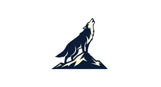 Silhouetted wild wolf howling on top of a mountain peak under the starry night sky in dark blue and pale yellow.