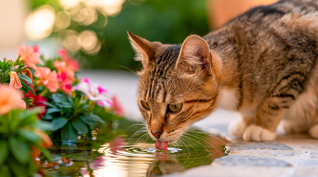 Tabby cat drinks rainwater from puddle near blooming flowers, concept of animals finding hydration in summer heat