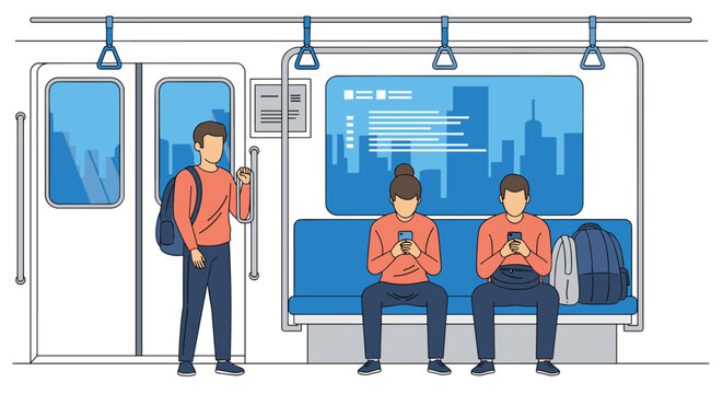 Passengers sitting and standing inside a subway train carriage looking at their smartphones during a daily commute.