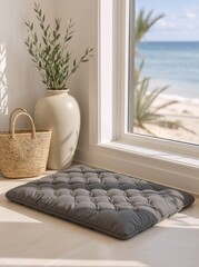Naklejka premium Gray floor cushion by a window with a beach view. Minimalist home interior with woven basket and vase. Relaxation and meditation space with ocean background