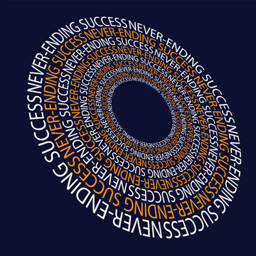 Abstract spiral typography design with 'Success never ending' text on blue background