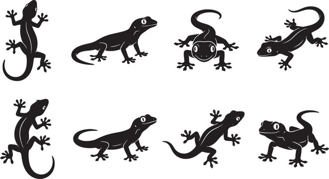 Black lizard icons, lizard silhouettes, reptile graphics, animal vector set isolated on Transparent Background
