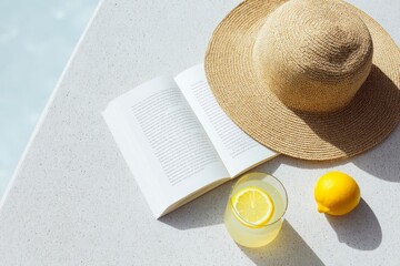 Fototapeta premium Summer reading setup with book, straw hat, and lemonade by pool
