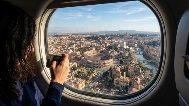 Airplane window travel view passenger flight aircraft tourist sky travel. Vacation journey seat transportation cityscape rome