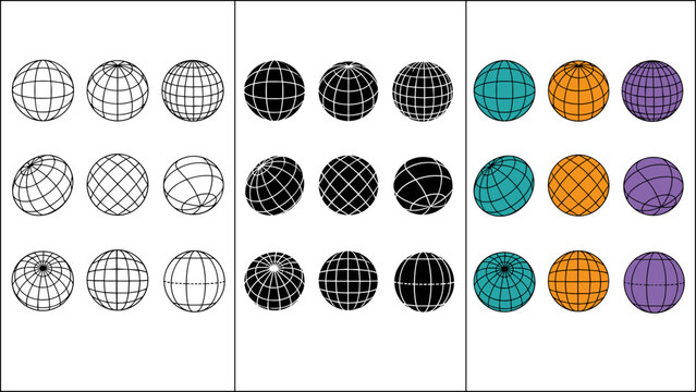Collection of stylized globes in various designs and colors