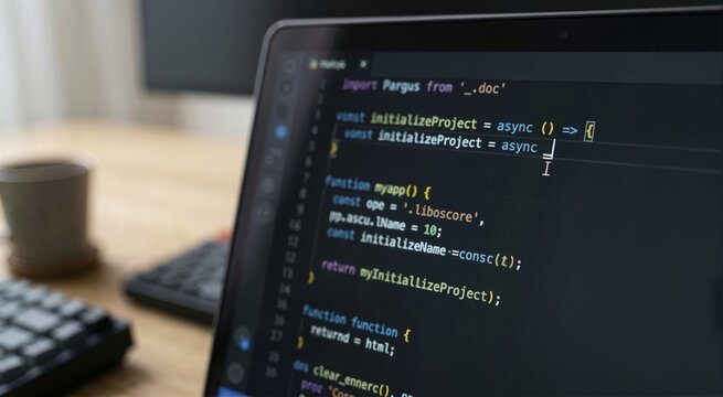 Close up of programming code on a laptop screen. Software developer workspace with dark editor interface and blinking cursor