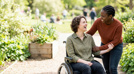 Fototapeta premium Happy diverse lesbian couple enjoying a day in the park. Smiling woman in a wheelchair laughing with her partner outdoors. LGBTQ relationship and disability inclusion