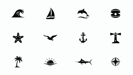 Fototapeta premium Minimalist black and white marine adventure icon set