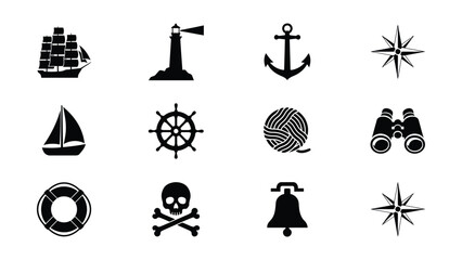 Vintage nautical flat line icons collection evoking adventure and maritime heritage for travel branding © Parthokumar