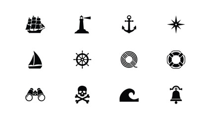 Minimalist nautical icons collection showcasing vintage maritime symbols for travel branding © Parthokumar