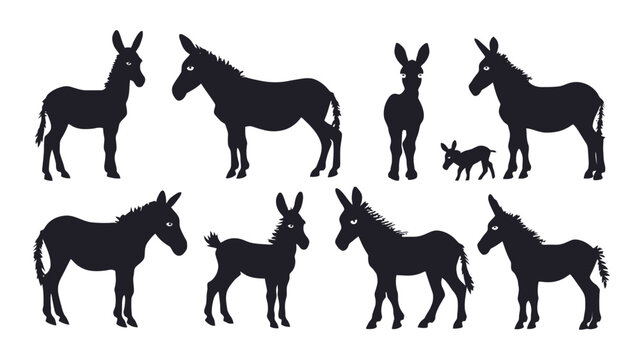 Donkey silhouette collection, set of 8 farm animal vector icons, black mule and burro shapes for rustic design and agricultural branding