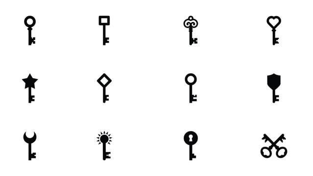 Creative bundle of twelve unique key icons featuring diverse shapes and symbols for branding security