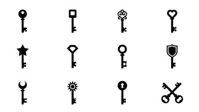 Creative collection of twelve unique key icons symbolizing access mystery and achievement in minimalist flat design