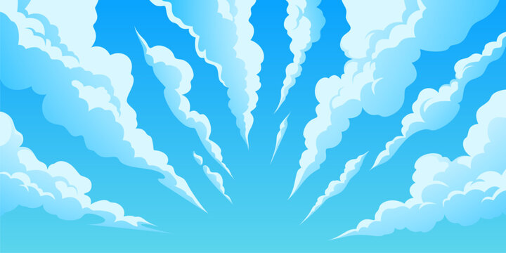 Anime cloud formations float across blue sky in manga style vector artwork. Dynamic perspective with dreamy cloudy horizon creates cartoon backdrop for summer game poster design.