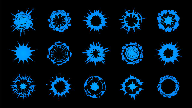 Explosive comic effect vector with fire burst and smoke cloud on black background. Action icon with blue manga style blast ring, power spark and anime graphic for illustration.