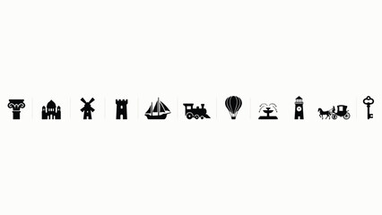 Minimalist travel themed iconset showcasing diverse landmarks and adventure symbols for tourism marketing © Parthokumar
