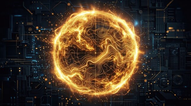 Golden swirling sun sphere texture with glowing topographic lines, abstract technology background design for backdrop wallpaper