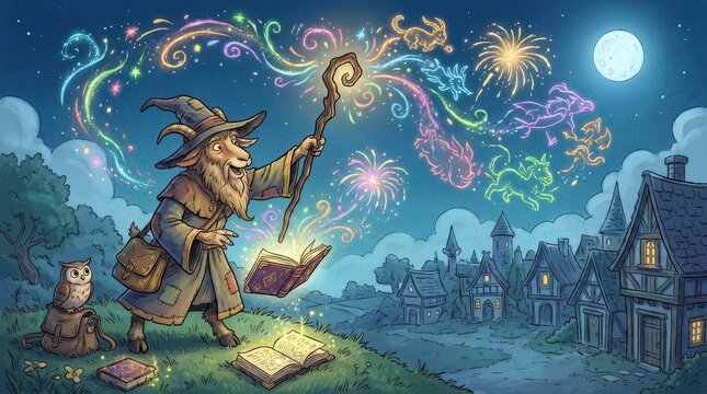 Anthropomorphic goat wizard casting magical animal fireworks from a floating spellbook. Fantasy night illustration with a village and full moon