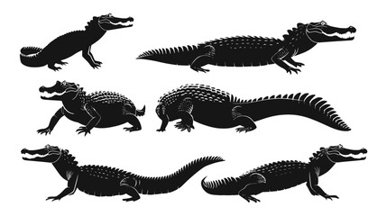 Fototapeta premium Black crocodile silhouette set, 6 alligator vector icons in various poses, wild reptile animal graphics for logo design and nature branding