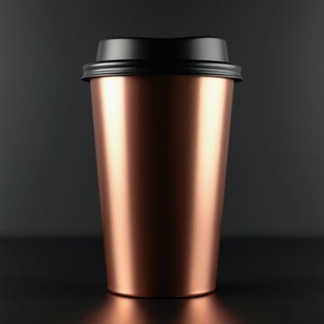 Metallic bronze coffee cup with black lid sits on dark surface. Single disposable beverage container for hot drinks. Clean take away mug, blank template for cafe ad.