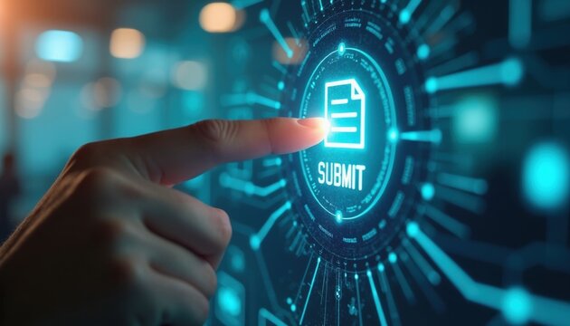 Finger presses digital submit button on futuristic interface. User completes online form or application via technology. Electronic document submission process finalized now.