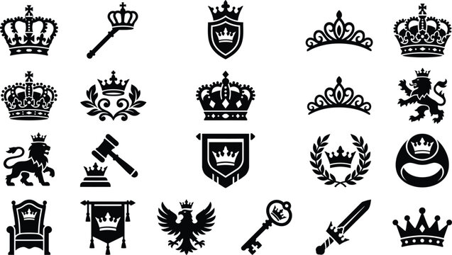 Silhouette of royal crowns and regal symbols in black on white background