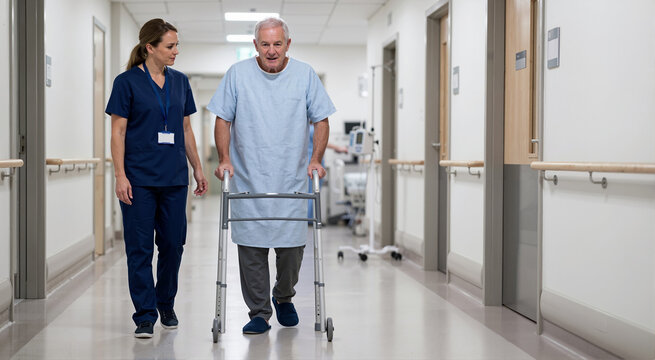 Senior male patient using walker with nurse assistance in hospital. Elderly man walking in corridor after surgery. Professional medical support and rehabilitation