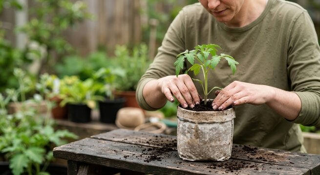Person planting a green seedling into a recycled newspaper pot. Hands pressing soil around a young plant on a rustic wooden table in a garden. Sustainable zero waste gardening concept