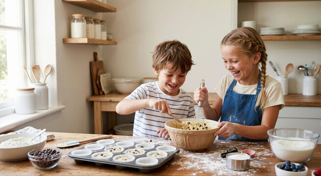 Happy siblings baking muffins together in the kitchen. Boy and girl stirring batter in a bowl. Fun family cooking activity