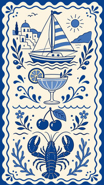 Nautical summer vacation scene with sailboat, cocktail, and seafood illustration