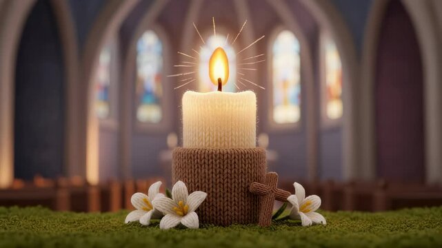 Burning candle with knitted base and wooden cross in church. Religious symbol with lily flower. Seasonal decor for Easter celebration or Christian prayer service.