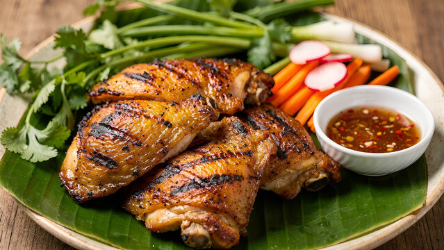 Vietnamese style grilled chicken, juicy lemongrass marinated chicken thighs grilled over charcoal, golden char marks, served on banana leaf with fresh herbs, pickled vegetables, and nuoc cham dipping 