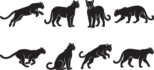 Obraz premium Black panther icons, panther silhouettes, big cat vector set, feline illustrations isolated on Transparent Background
